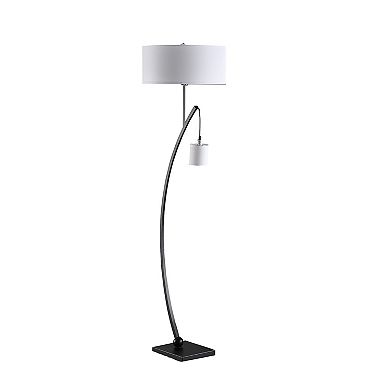 Jiya 59 Inch Arc Floor Lamp, Hanging Design, 2 White Drum Shades, Black