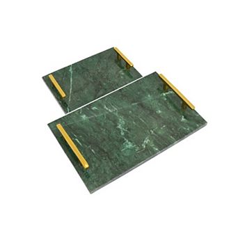 Entro Tray Set Of 2, Rectangular Shape, 2 Gold Handles, Green Finish Marble