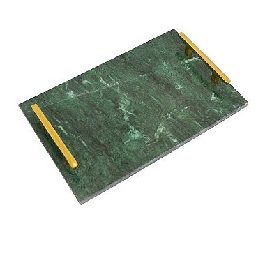 Entro Tray Set Of 2, Rectangular Shape, 2 Gold Handles, Green Finish Marble