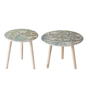 Byle 16, 20 Inch Side Table Set Of 2, Floral Design, Cherry Blossom, Blue