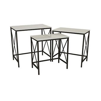 Zoe Plant Stand Table Set Of 3, Metal, Rectangular Marble Top, Black Metal