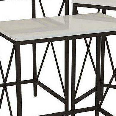 Zoe Plant Stand Table Set Of 3, Metal, Rectangular Marble Top, Black Metal