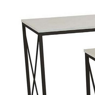 Zoe Plant Stand Table Set Of 3, Metal, Rectangular Marble Top, Black Metal
