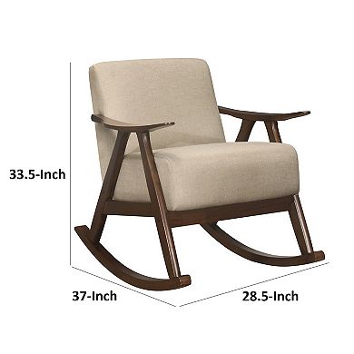 Tim 37 Inch Rocking Armchair, Beige Polyester, Walnut Brown Solid Wood