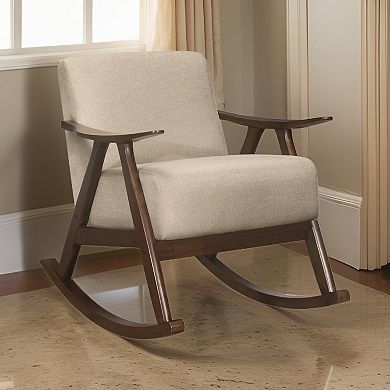 Tim 37 Inch Rocking Armchair, Beige Polyester, Walnut Brown Solid Wood