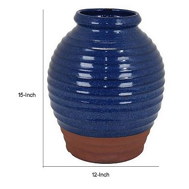 Kohl 15 Inch Decorative Vase, Pot Shape, Ceramic, Blue And Brown Finish