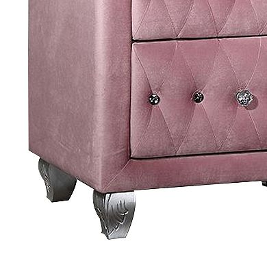 Zoha 26 Inch Nightstand, 2 Drawer, Cabriole Legs, Wood, Pink Upholstery