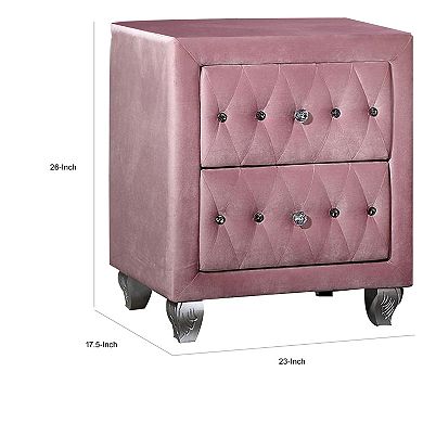 Zoha 26 Inch Nightstand, 2 Drawer, Cabriole Legs, Wood, Pink Upholstery