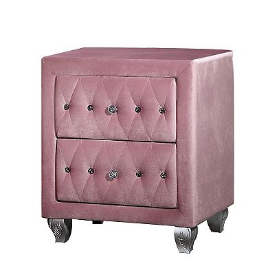 Zoha 26 Inch Nightstand, 2 Drawer, Cabriole Legs, Wood, Pink Upholstery