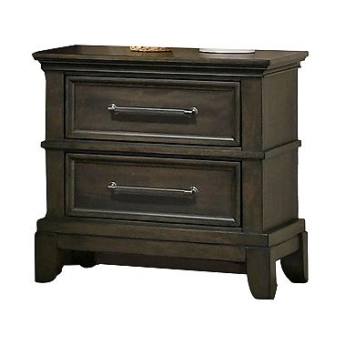 Ston 26 Inch Nightstand, 2 Drawers, Pewter Handles, Crown Mold, Wood, Gray