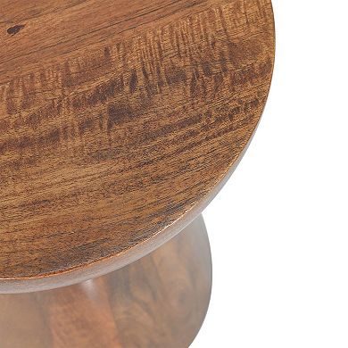 18 Inch Side Accent Table, Round Mango Wood Top, Cone Base, Brown Finish