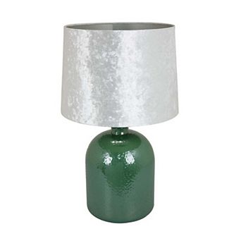 27 Inch Table Lamp, Drum Shade, Round Drop Shaped Glass Body, Green Finish