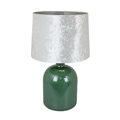 27 Inch Table Lamp, Drum Shade, Round Drop Shaped Glass Body, Green Finish