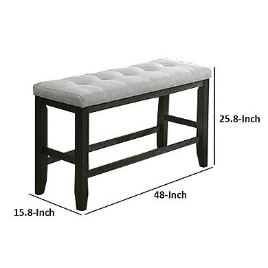Woodlands 48 Inch Counter Height Bench, Wood, Tufted Seat, Black, White