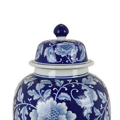 21 Inch Temple Ginger Jar, Blue, White Floral Print, Lid, Ceramic Pottery