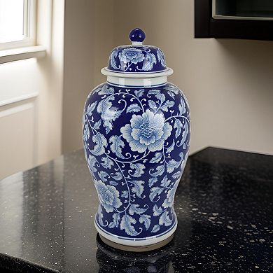 21 Inch Temple Ginger Jar, Blue, White Floral Print, Lid, Ceramic Pottery