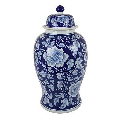 21 Inch Temple Ginger Jar, Blue, White Floral Print, Lid, Ceramic Pottery