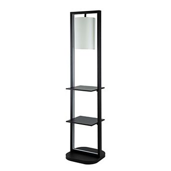 74 Inch Floor Lamp With 2 Shelves, Round Lampshade, Black Iron, White