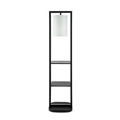 74 Inch Floor Lamp With 2 Shelves, Round Lampshade, Black Iron, White