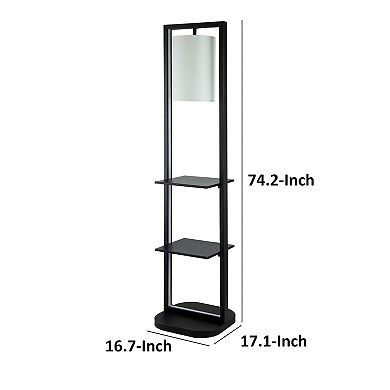 74 Inch Floor Lamp With 2 Shelves, Round Lampshade, Black Iron, White