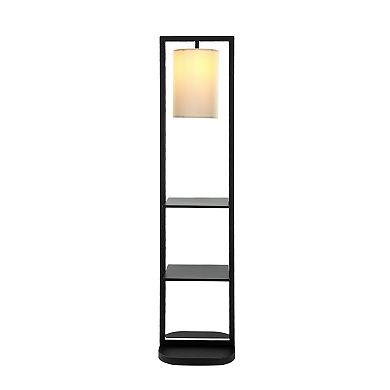 74 Inch Floor Lamp With 2 Shelves, Round Lampshade, Black Iron, White