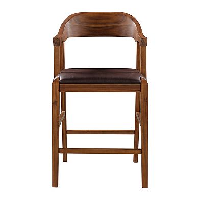 Rase 24 Inch Counter Stool Chair, Faux Leather, Open Back, Brown Wood