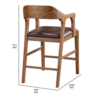 Rase 24 Inch Counter Stool Chair, Faux Leather, Open Back, Brown Wood