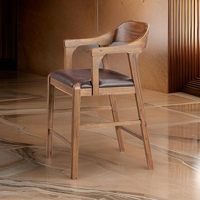 Rase 24 Inch Counter Stool Chair, Faux Leather, Open Back, Brown Wood