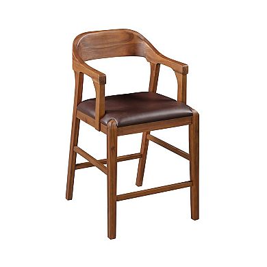 Rase 24 Inch Counter Stool Chair, Faux Leather, Open Back, Brown Wood