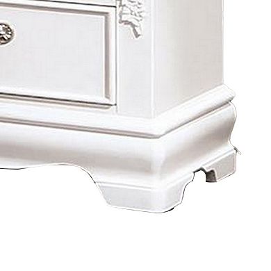Aleci 24 Inch Nightstand, 2 Drawers, Carved Details, Solid Wood, White