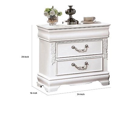 Aleci 24 Inch Nightstand, 2 Drawers, Carved Details, Solid Wood, White