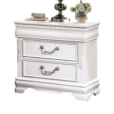 Aleci 24 Inch Nightstand, 2 Drawers, Carved Details, Solid Wood, White