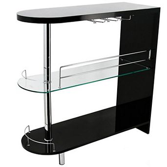 Zaina 42 Inch Modern Bar Table, 3 Shelves, Tempered Glass, Black, Chrome