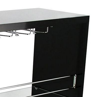 Zaina 42 Inch Modern Bar Table, 3 Shelves, Tempered Glass, Black, Chrome