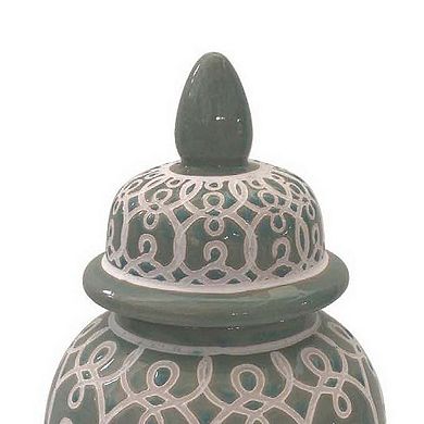 12 Inch Temple Jar, Ceramic Intricate Geometric Pattern, Removable Lid, Olive Green
