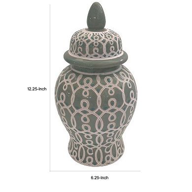 12 Inch Temple Jar, Ceramic Intricate Geometric Pattern, Removable Lid, Olive Green