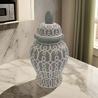 12 Inch Temple Jar, Ceramic Intricate Geometric Pattern, Removable Lid, Olive Green