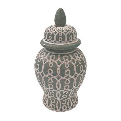 12 Inch Temple Jar, Ceramic Intricate Geometric Pattern, Removable Lid, Olive Green