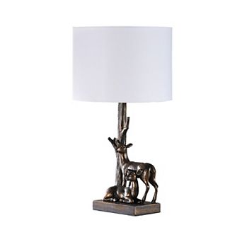 20 Inch Accent Table Lamp, Dual Roe Deer Design, White Drum Shade, Bronze