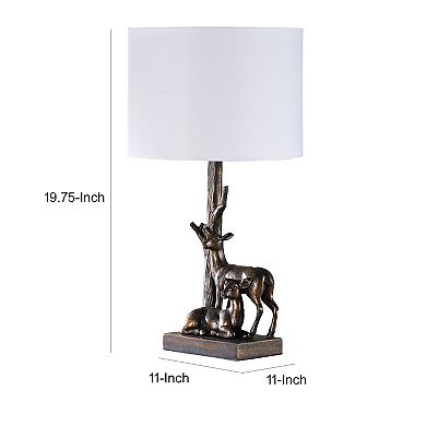 20 Inch Accent Table Lamp, Dual Roe Deer Design, White Drum Shade, Bronze