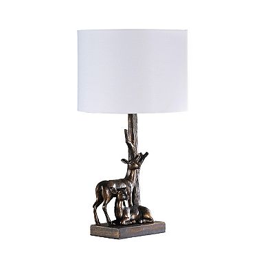 20 Inch Accent Table Lamp, Dual Roe Deer Design, White Drum Shade, Bronze