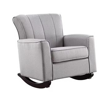 34 Inch Rocking Chair, Wood Frame, Vertical Channel Tufted Gray Linen