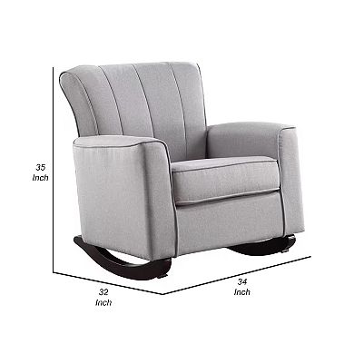 34 Inch Rocking Chair, Wood Frame, Vertical Channel Tufted Gray Linen