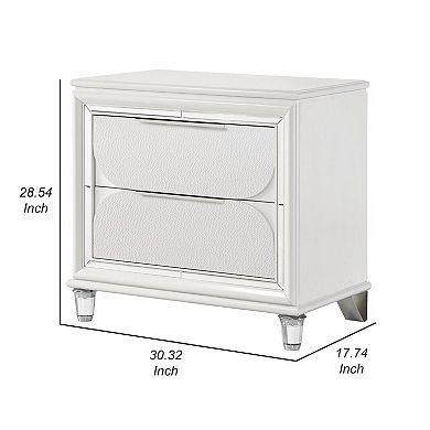 Rara 30 Inch Nightstand, 2 Drawers, Mirror Trim, Acrylic Legs, White