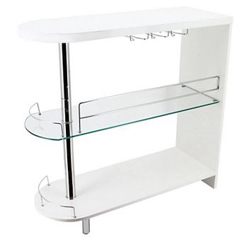 Zaina 42 Inch Modern Bar Table, 3 Shelves, Tempered Glass, White, Chrome