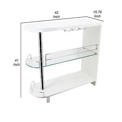 Zaina 42 Inch Modern Bar Table, 3 Shelves, Tempered Glass, White, Chrome