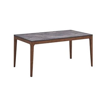 Evis 63 Inch Dining Table, Marble Grain Faux Stone Top, Walnut Brown Wood
