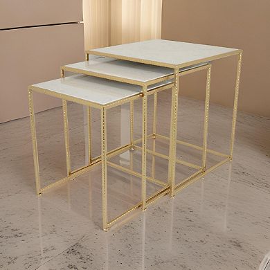 Neci Plant Stand Table Set Of 3, Nesting Open Metal Gold Frame, White Top