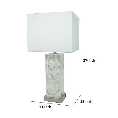 27 Inch Table Lamp Set Of 2, Square White Shade, Steel Base, Marble, White