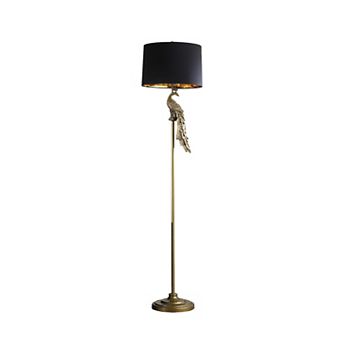 65 Inch Floor Lamp, Peacock, Linen Drum Shade, Pedestal Branch, Gold Finish